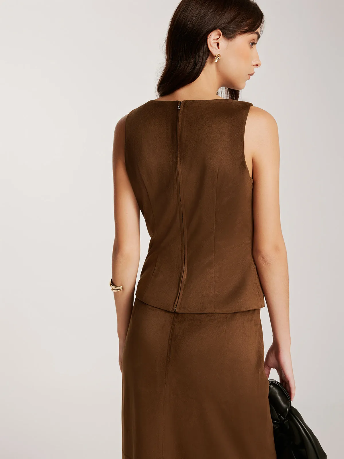 Back-Zipper Suede Tank Blouse
