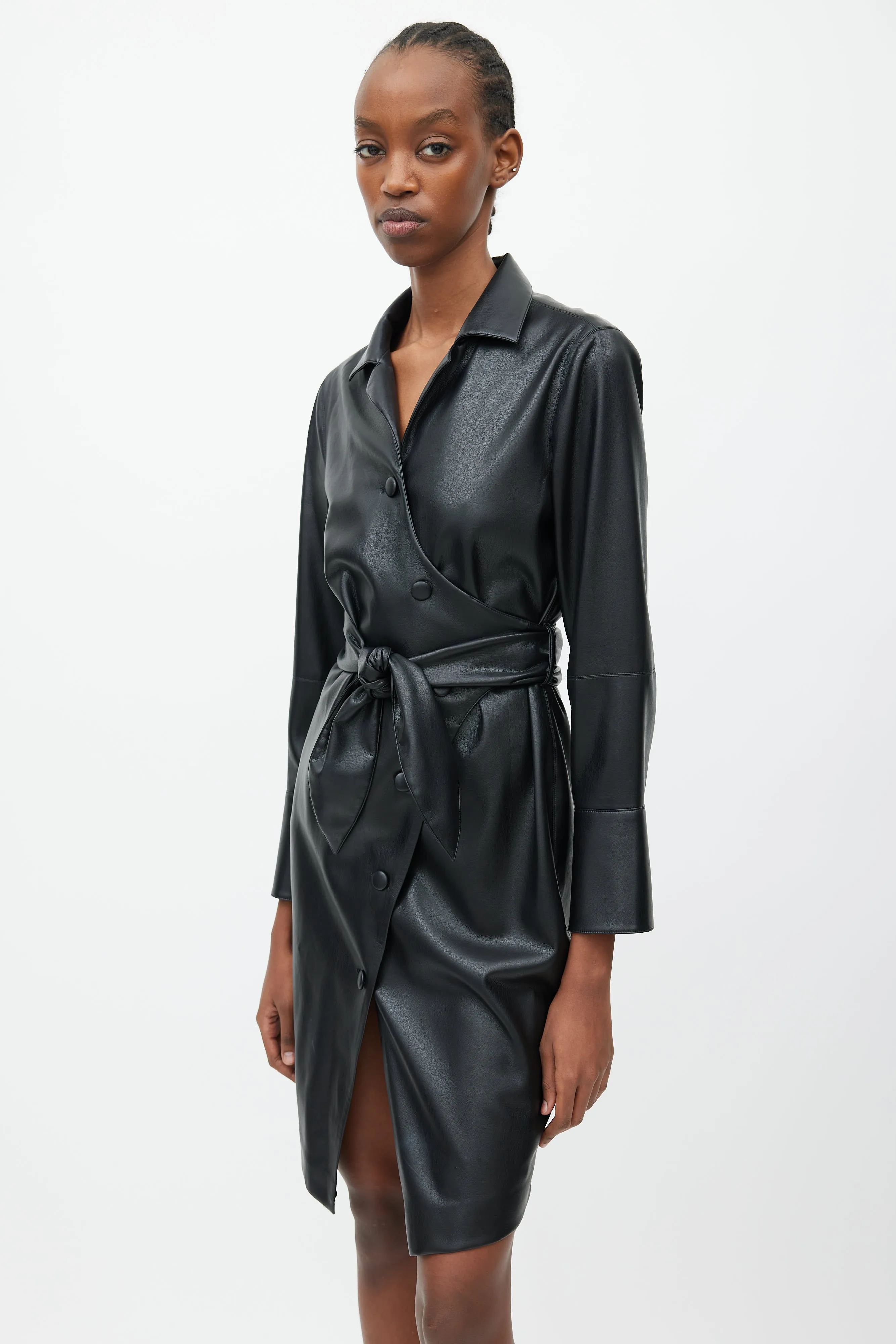 Black Faux Leather Wrap Dress