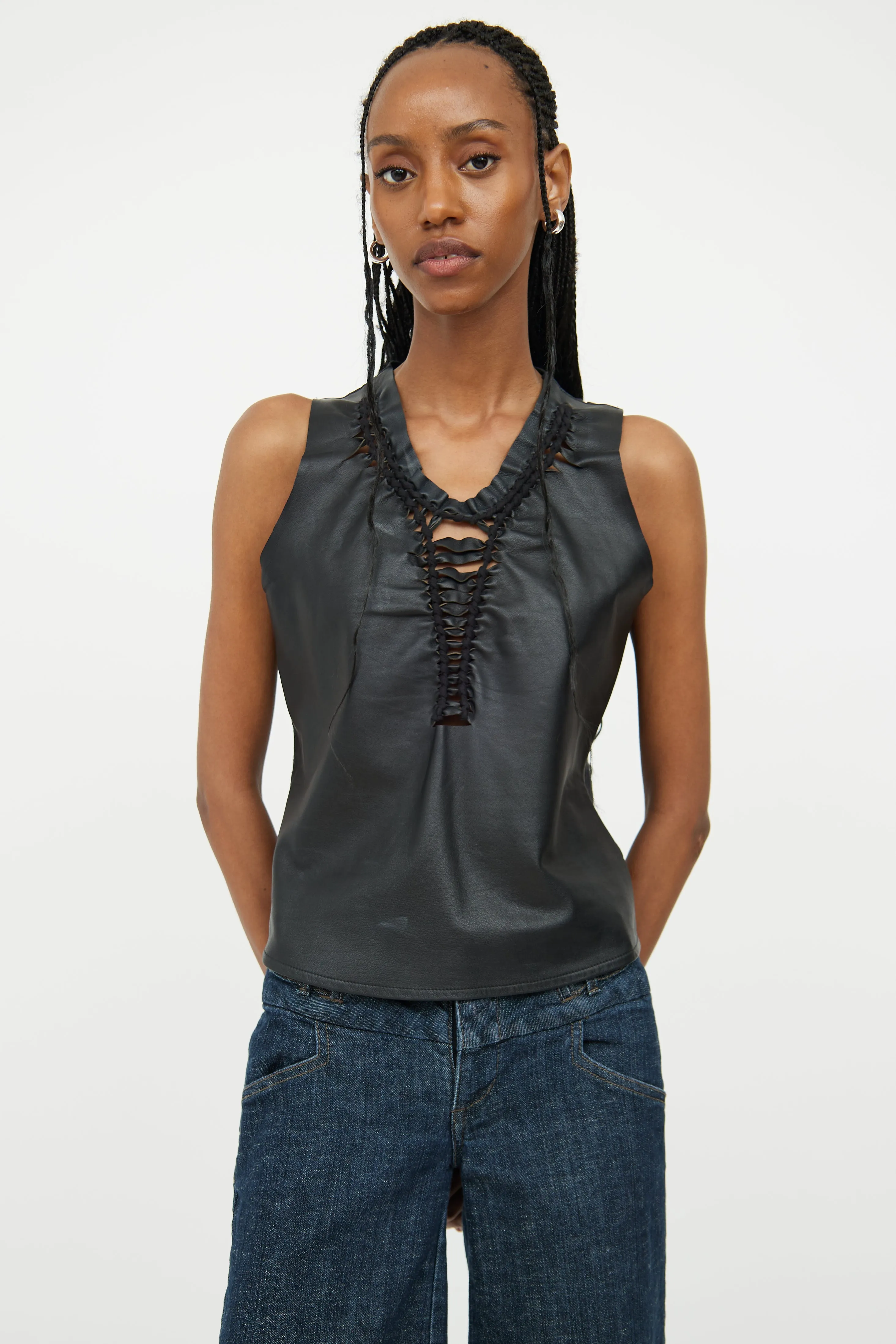 Black Leather & Cotton Cut Out Top