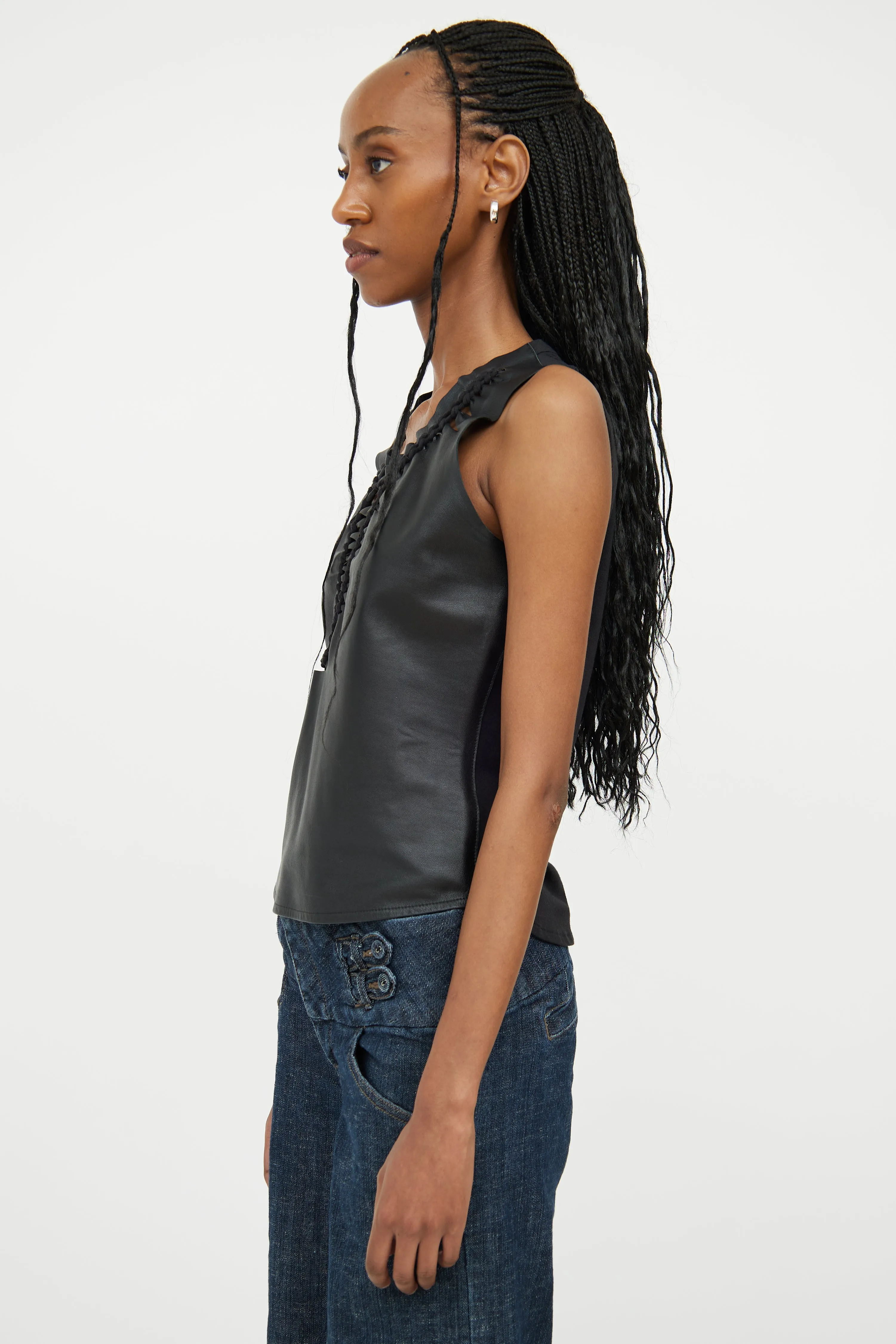 Black Leather & Cotton Cut Out Top