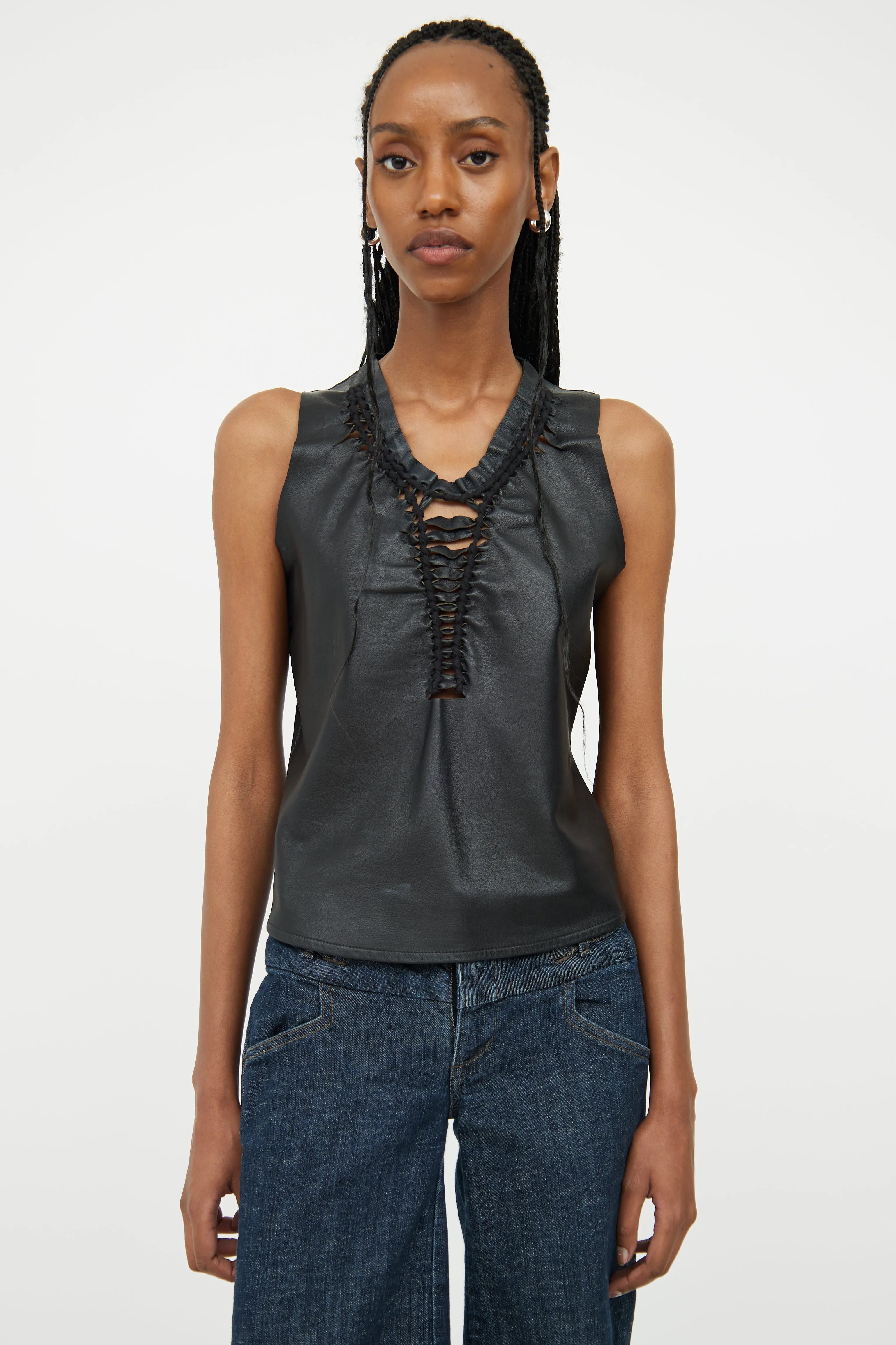 Black Leather & Cotton Cut Out Top