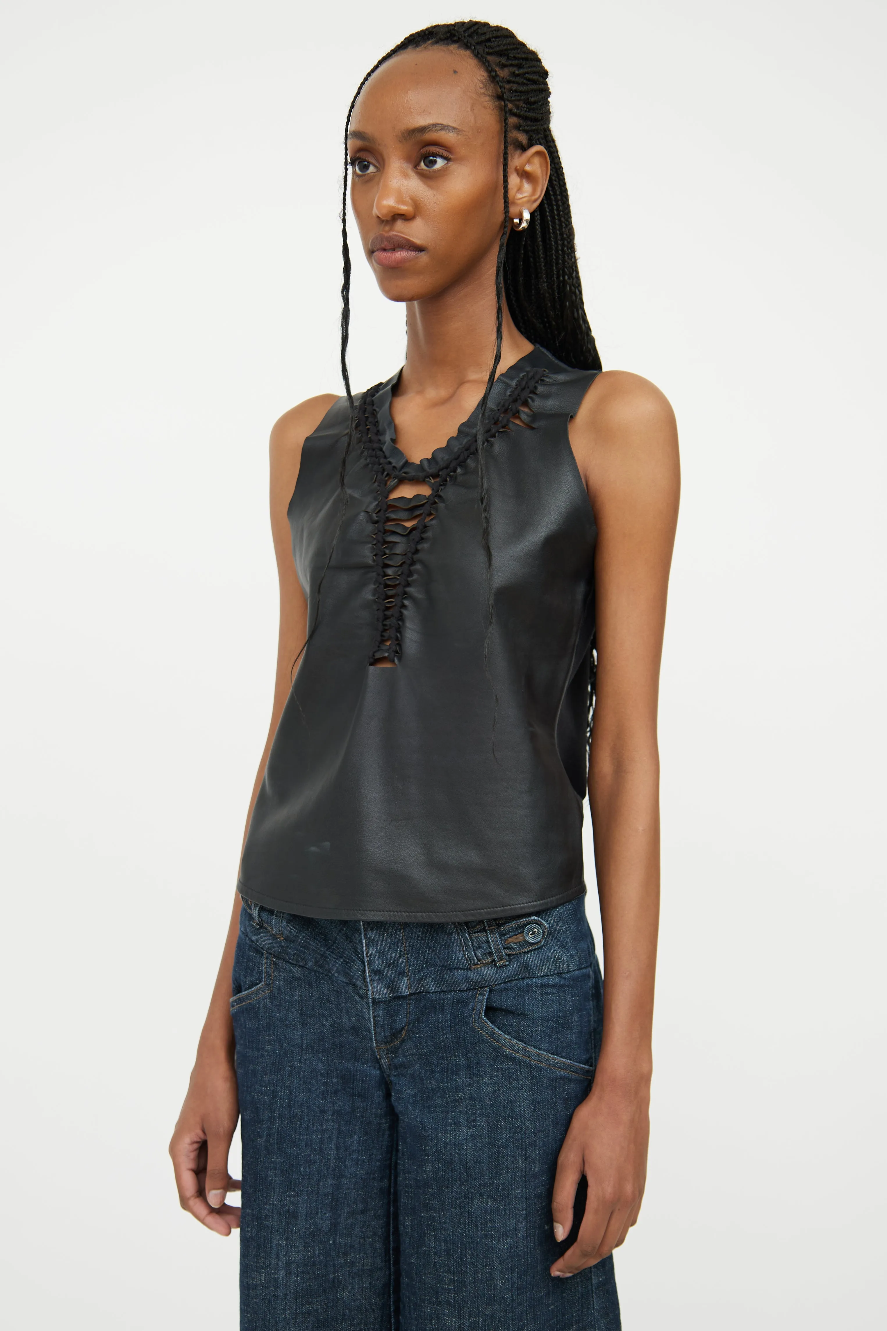 Black Leather & Cotton Cut Out Top