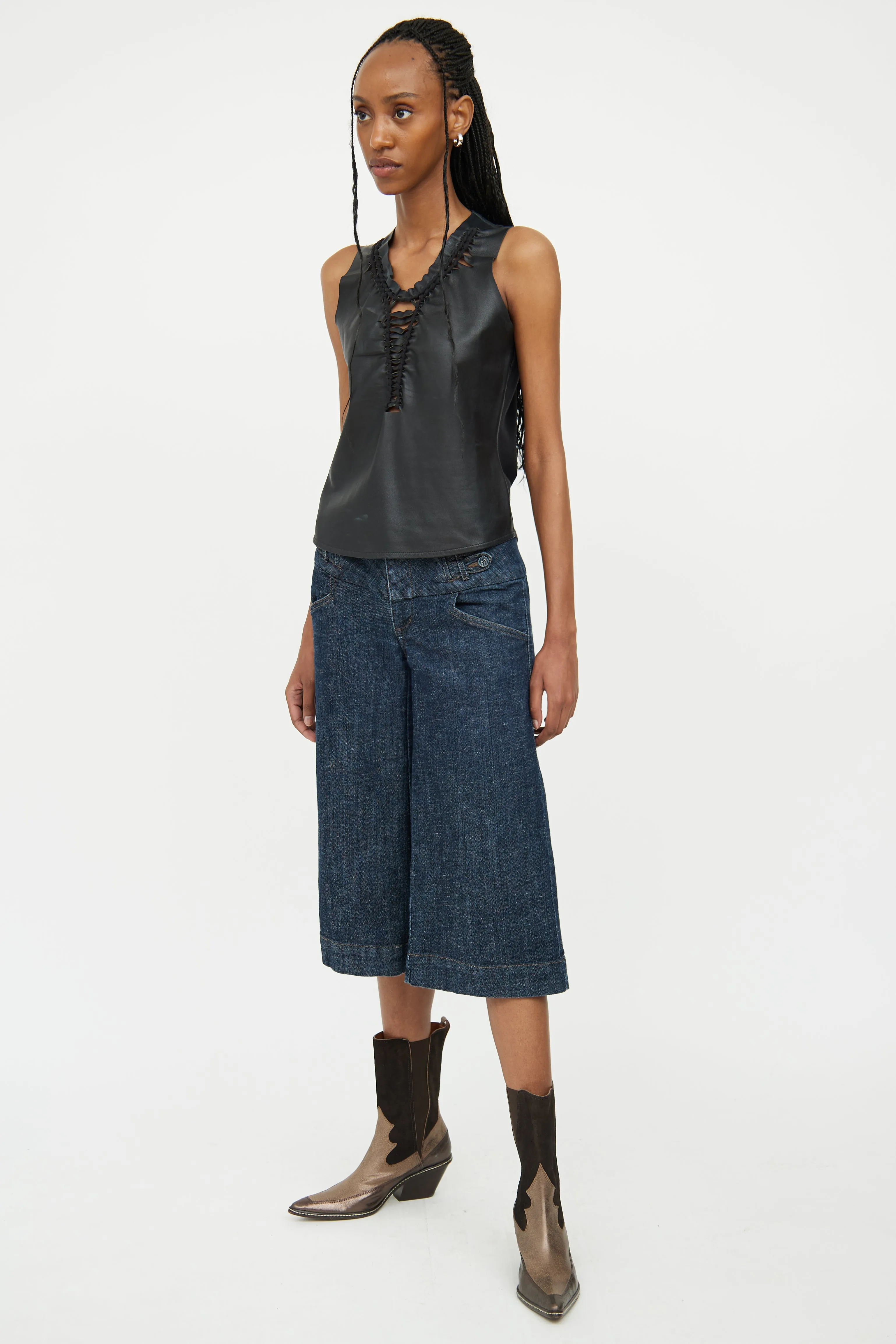 Black Leather & Cotton Cut Out Top