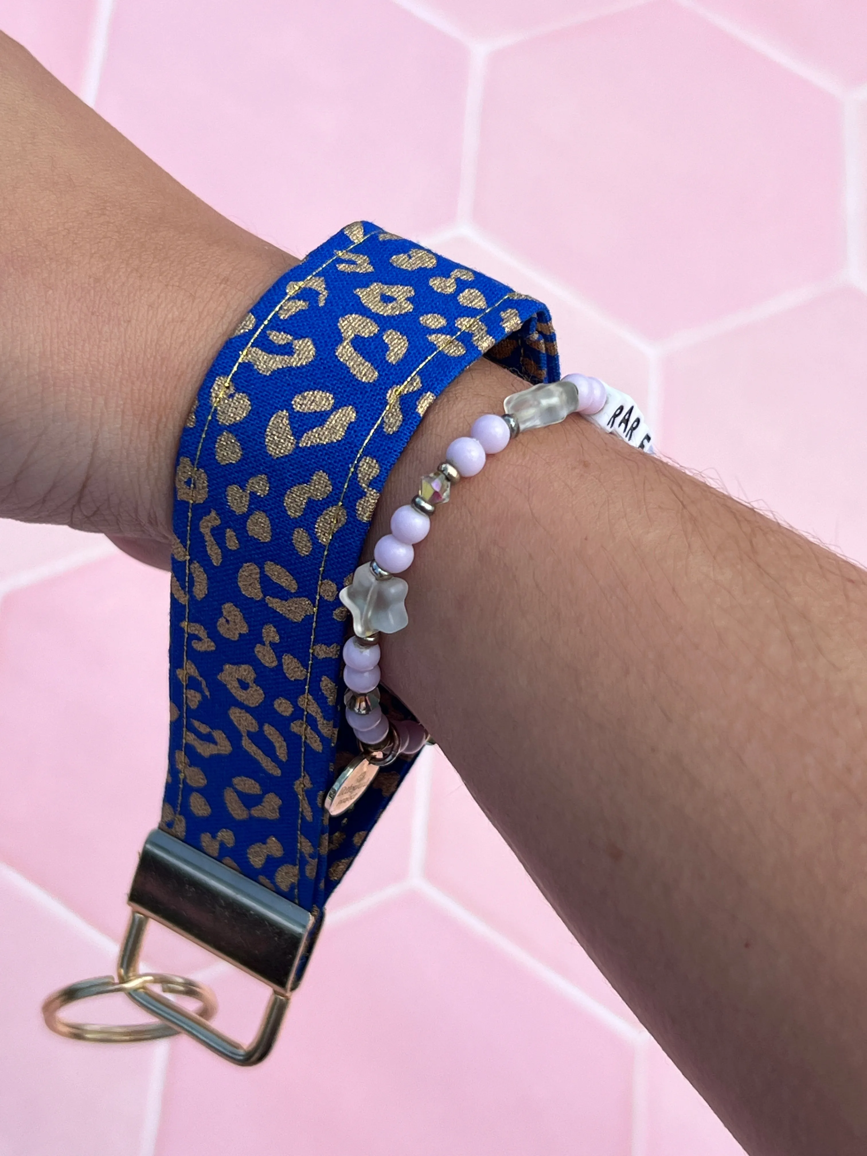Blue and Gold Leopard Print Wristlet Keychain