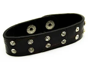 Crystal Studs Faux Alligator Leather Wristband Cuff Bracelet Snap Closure Brown
