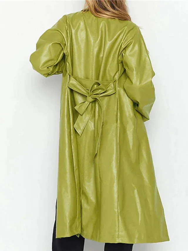 Faux Leather Long Coat: Open Front, Bowknot Back, Pockets