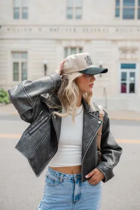 Get Your Fix Oversized Washed Faux Leather Moto Jacket