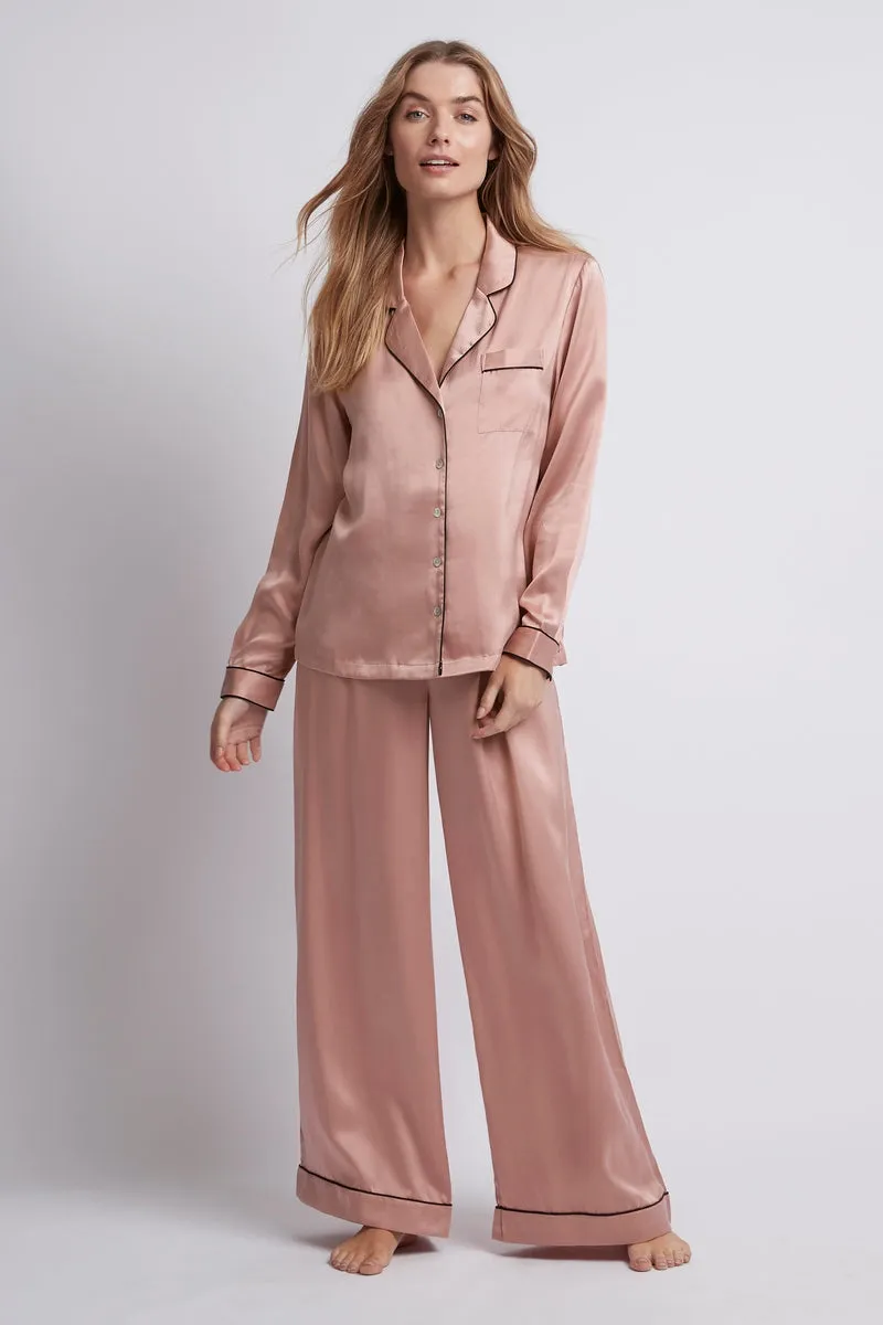 Homebodii Silk Women's Pyjama Set - Rose with black piping