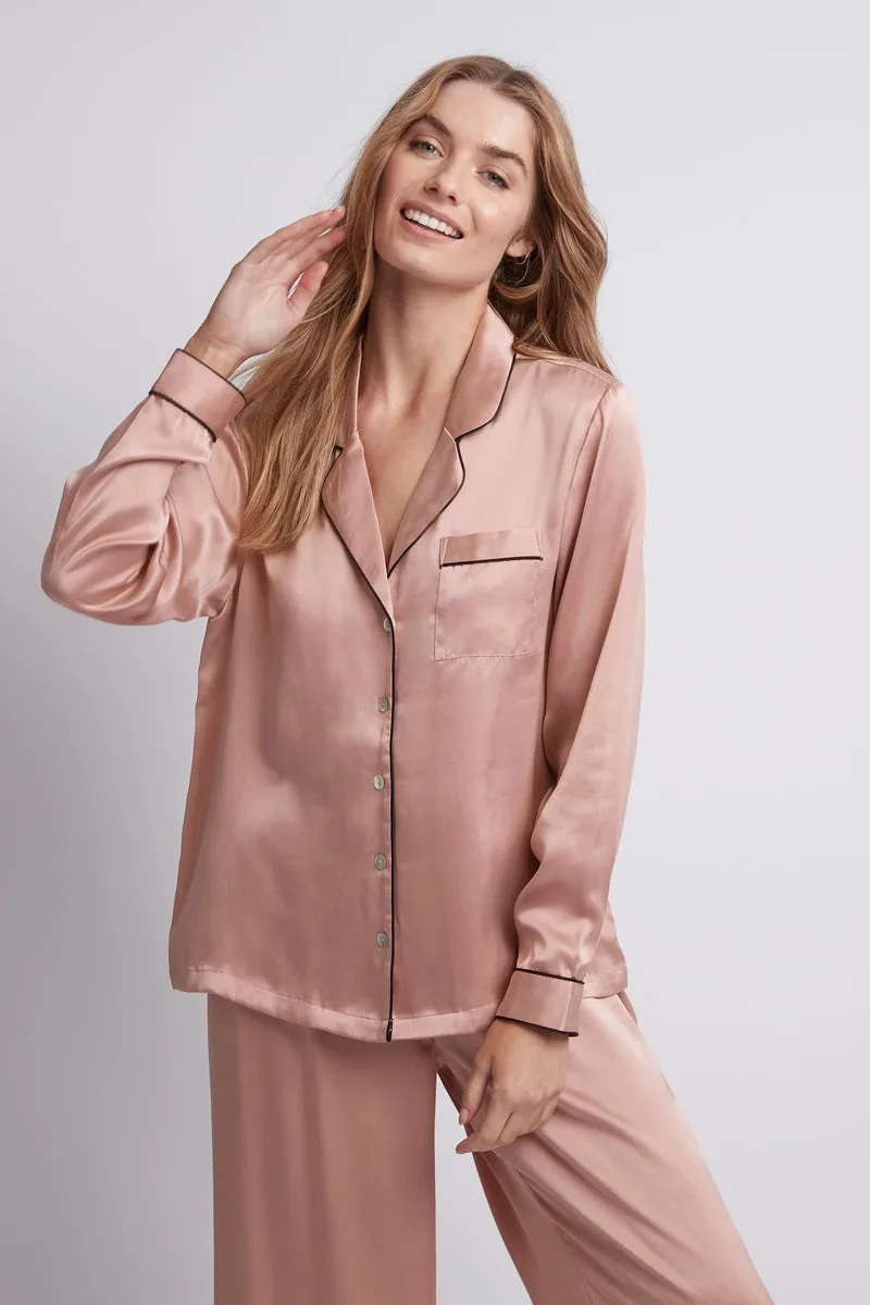 Homebodii Silk Women's Pyjama Set - Rose with black piping