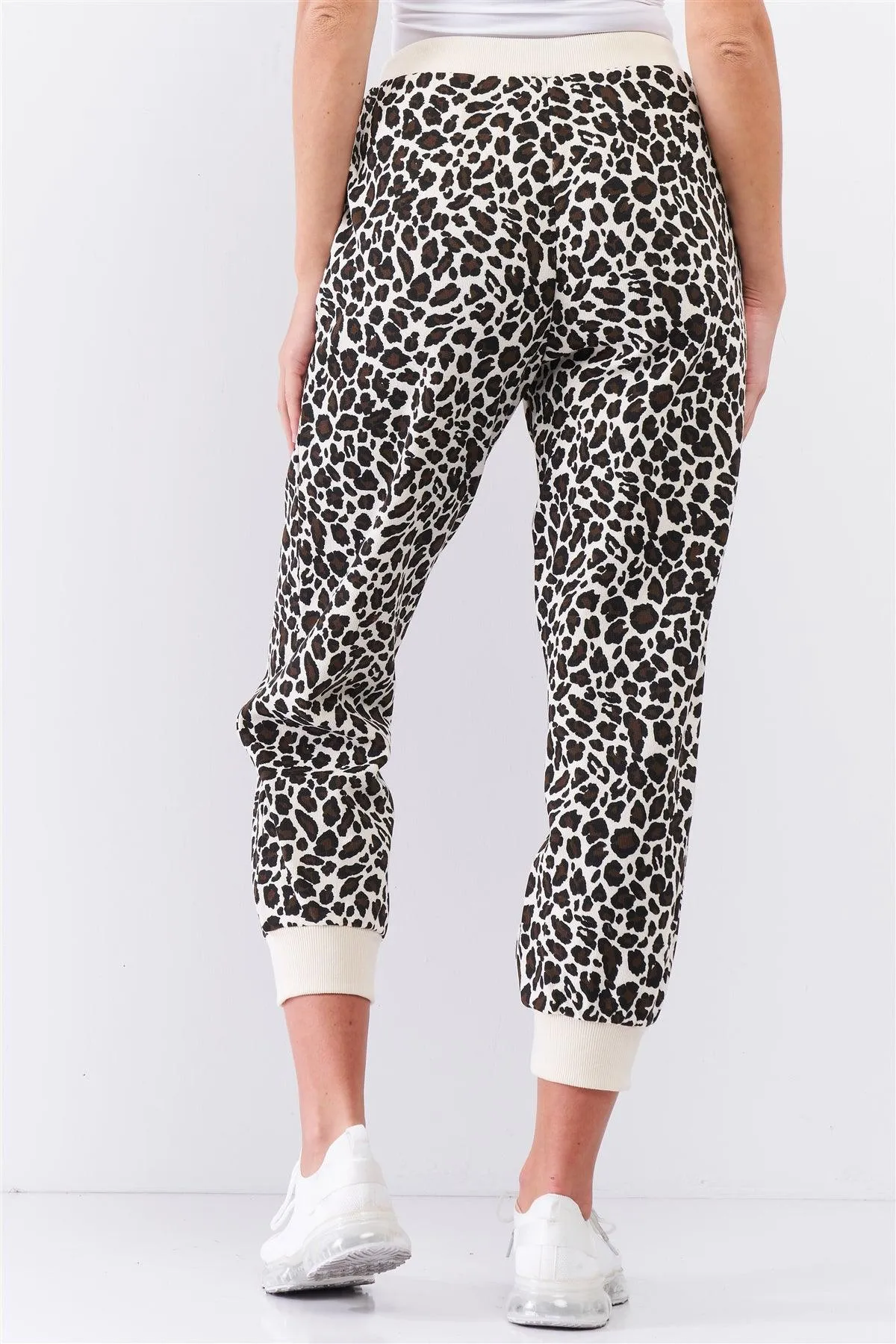 Ivory & Black Leopard High Waisted Rib Waist And Cuff Drawstring On The Waist Two Side Pocket Oversized Jogger Pants /3-2-1