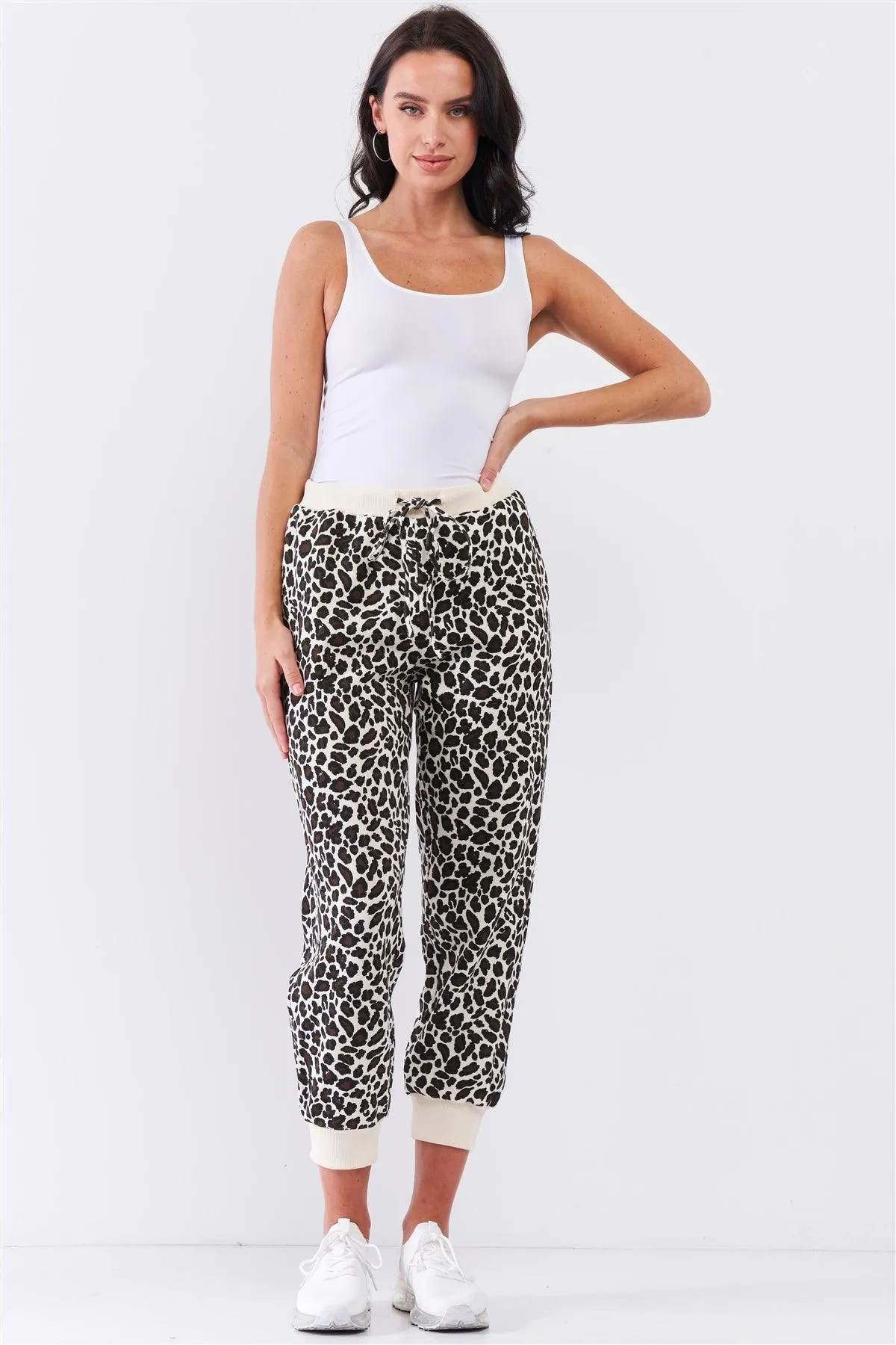 Ivory & Black Leopard High Waisted Rib Waist And Cuff Drawstring On The Waist Two Side Pocket Oversized Jogger Pants /3-2-1