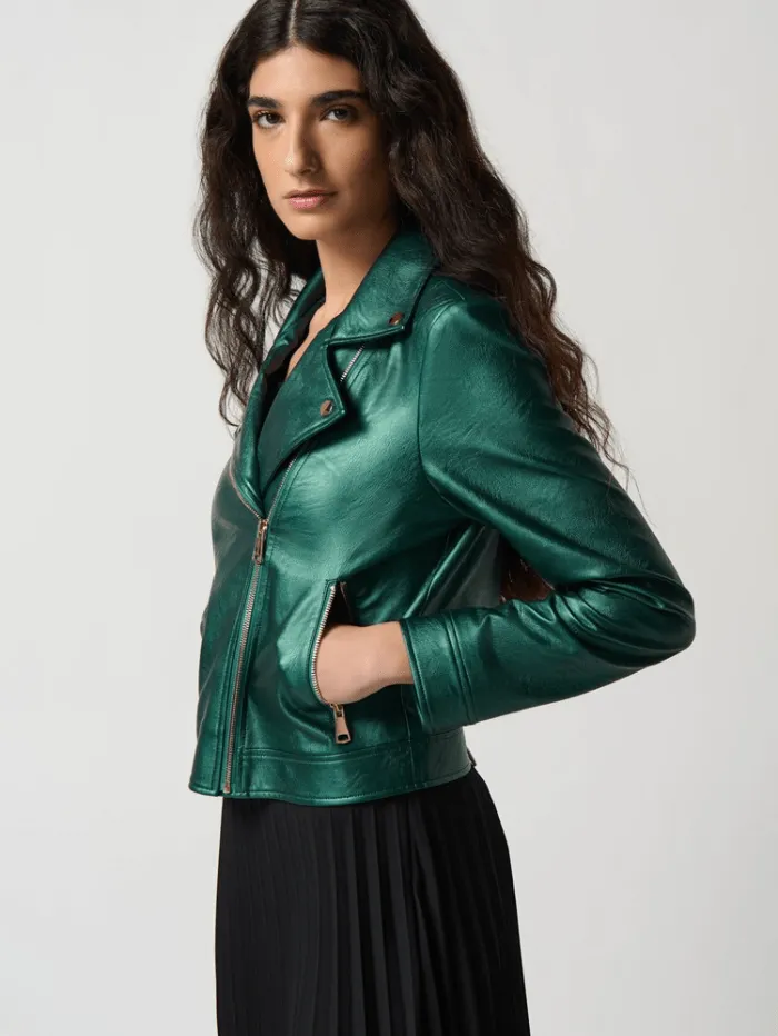 Joseph Ribkoff Metallic Green Faux Leather Biker Jacket 234902 Col 4154