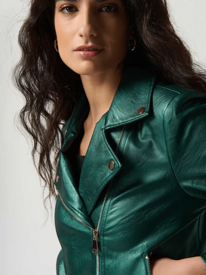 Joseph Ribkoff Metallic Green Faux Leather Biker Jacket 234902 Col 4154