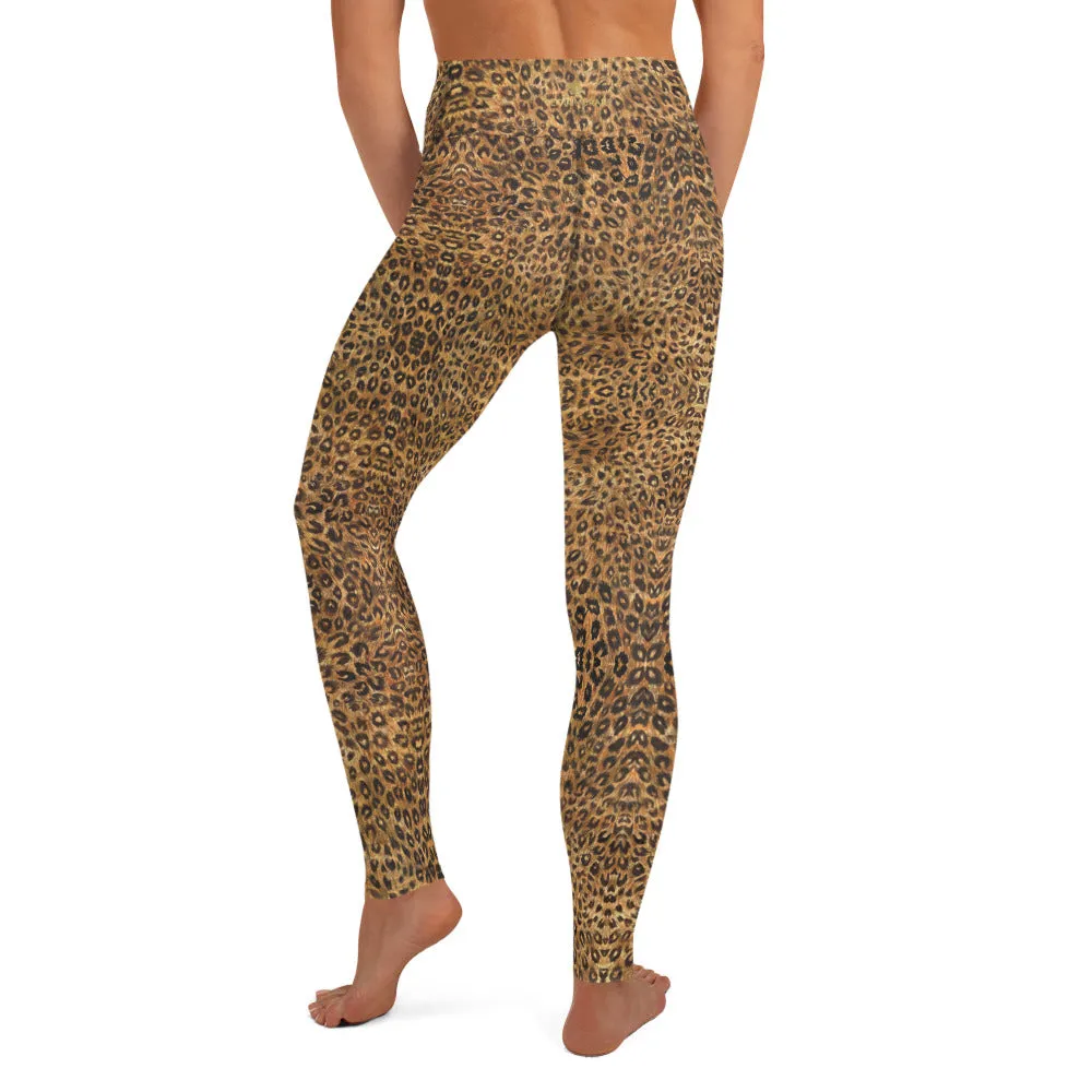 Leopard Women's Yoga Leggings, Brown Animal Print Long Tights-Made in USA/EU