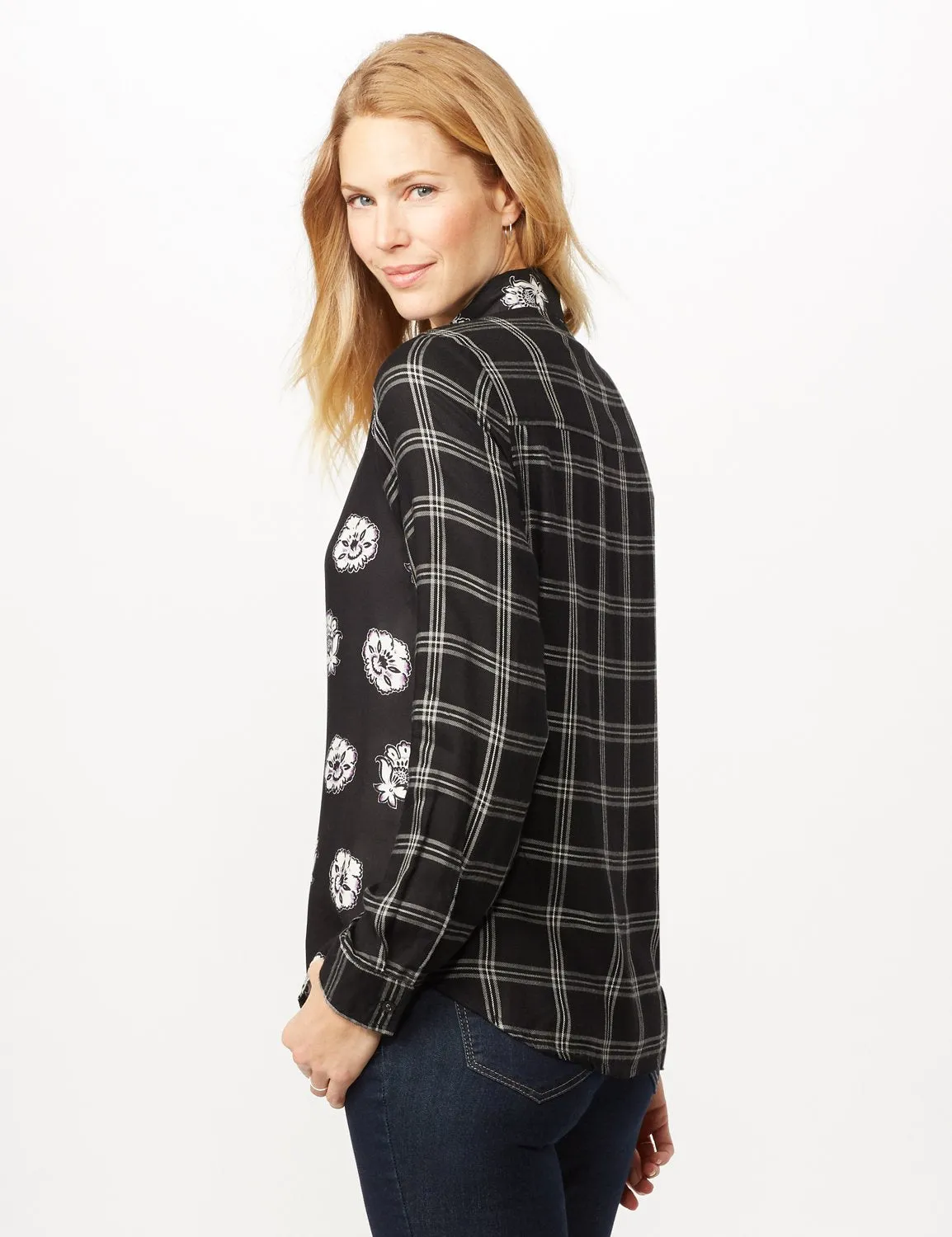 Long Sleeve Mixed Media Print Woven Top