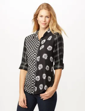 Long Sleeve Mixed Media Print Woven Top