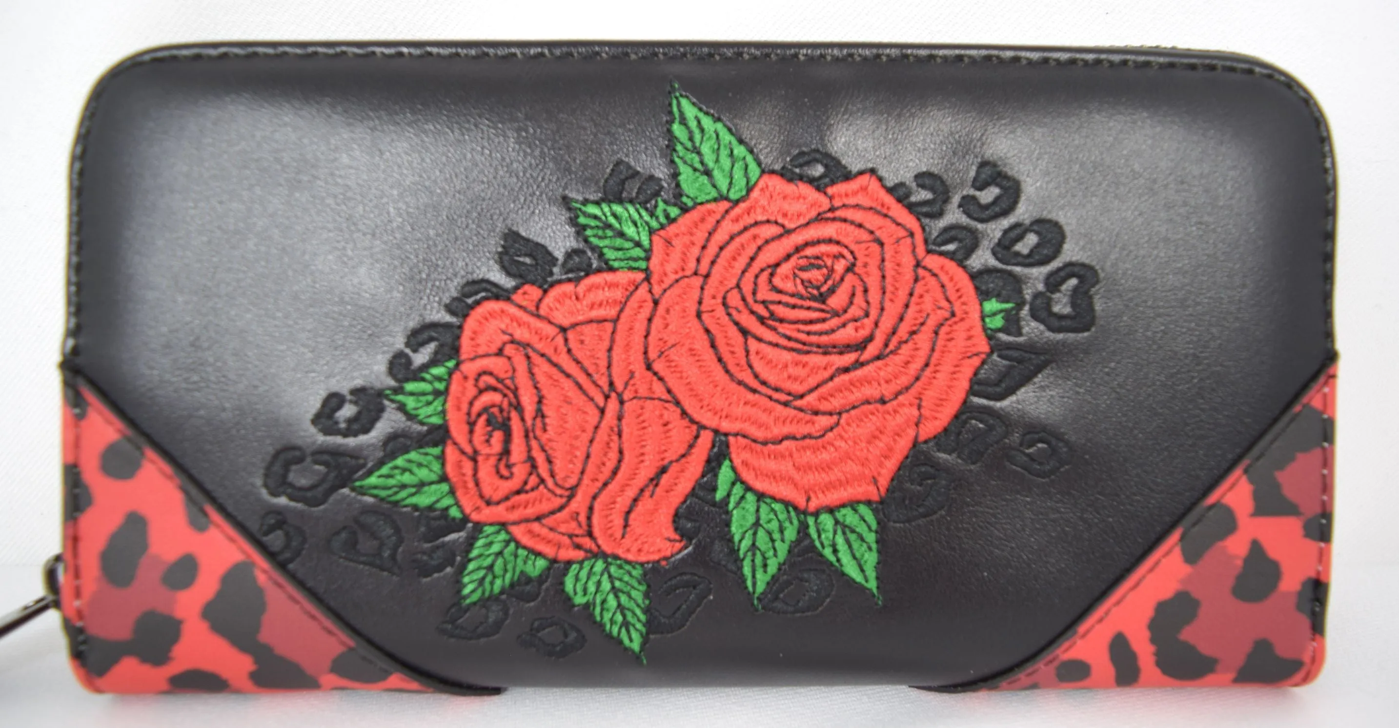 Lost Queen Rockabilly Rose Red Leopard Print Zip Around Wallet