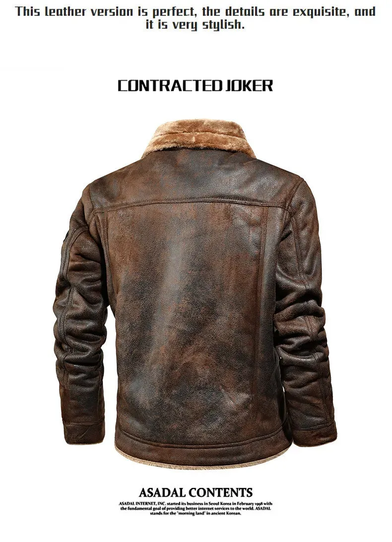 Men Autumn Winter Leather Bomber Jacket Zipper Motorcycle Faux Fur Coat Male Thicken Fleece Pilot Black Brown Pu Leather Coats