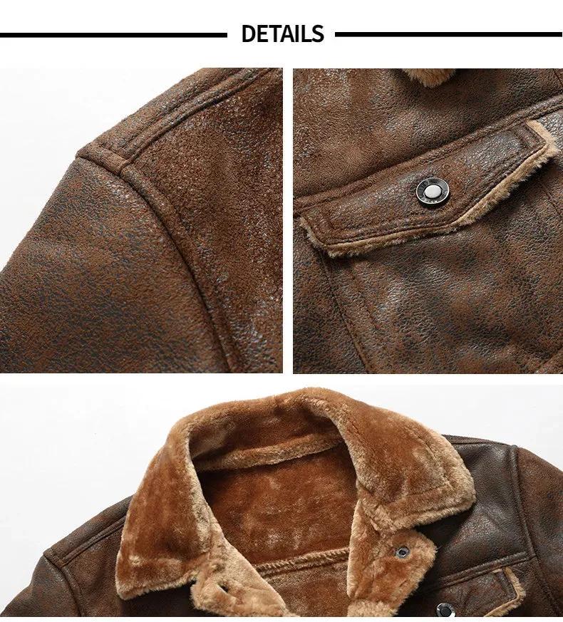 Men Autumn Winter Leather Bomber Jacket Zipper Motorcycle Faux Fur Coat Male Thicken Fleece Pilot Black Brown Pu Leather Coats