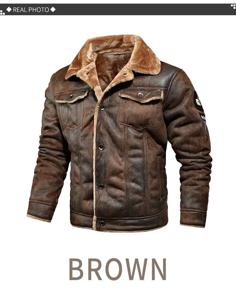 Men Autumn Winter Leather Bomber Jacket Zipper Motorcycle Faux Fur Coat Male Thicken Fleece Pilot Black Brown Pu Leather Coats