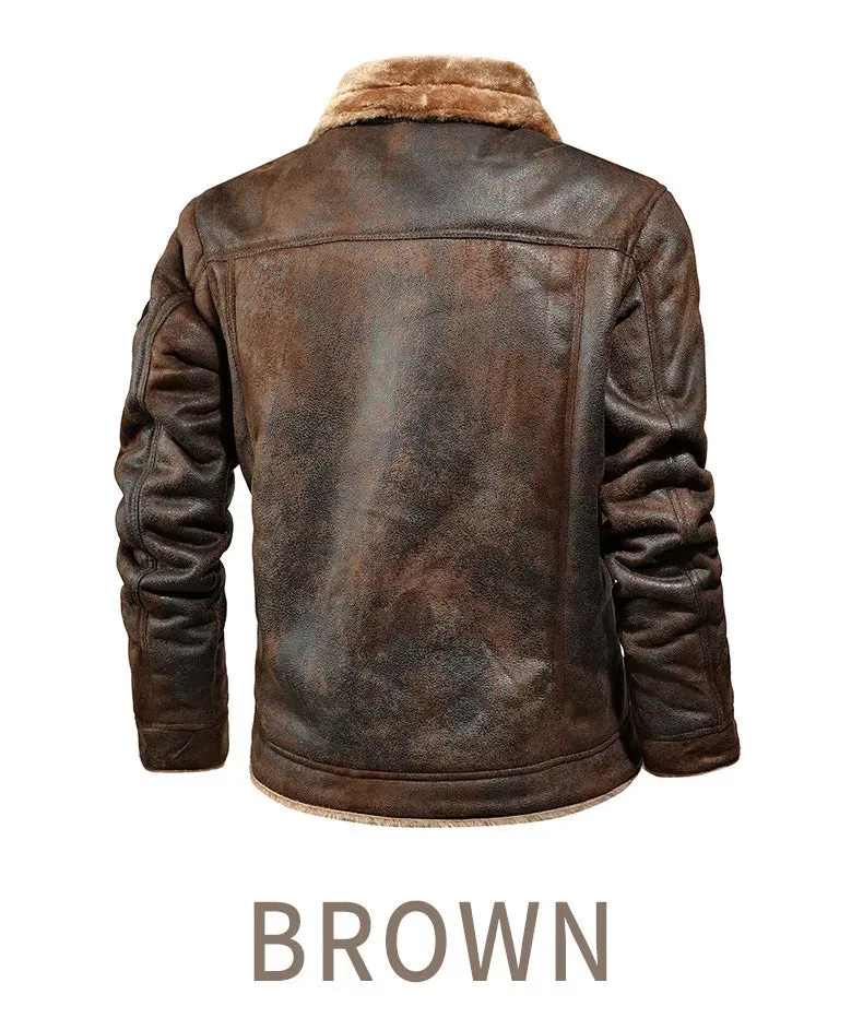 Men Autumn Winter Leather Bomber Jacket Zipper Motorcycle Faux Fur Coat Male Thicken Fleece Pilot Black Brown Pu Leather Coats