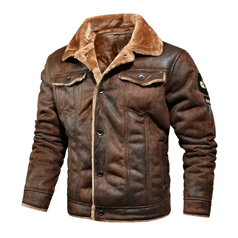 Men Autumn Winter Leather Bomber Jacket Zipper Motorcycle Faux Fur Coat Male Thicken Fleece Pilot Black Brown Pu Leather Coats