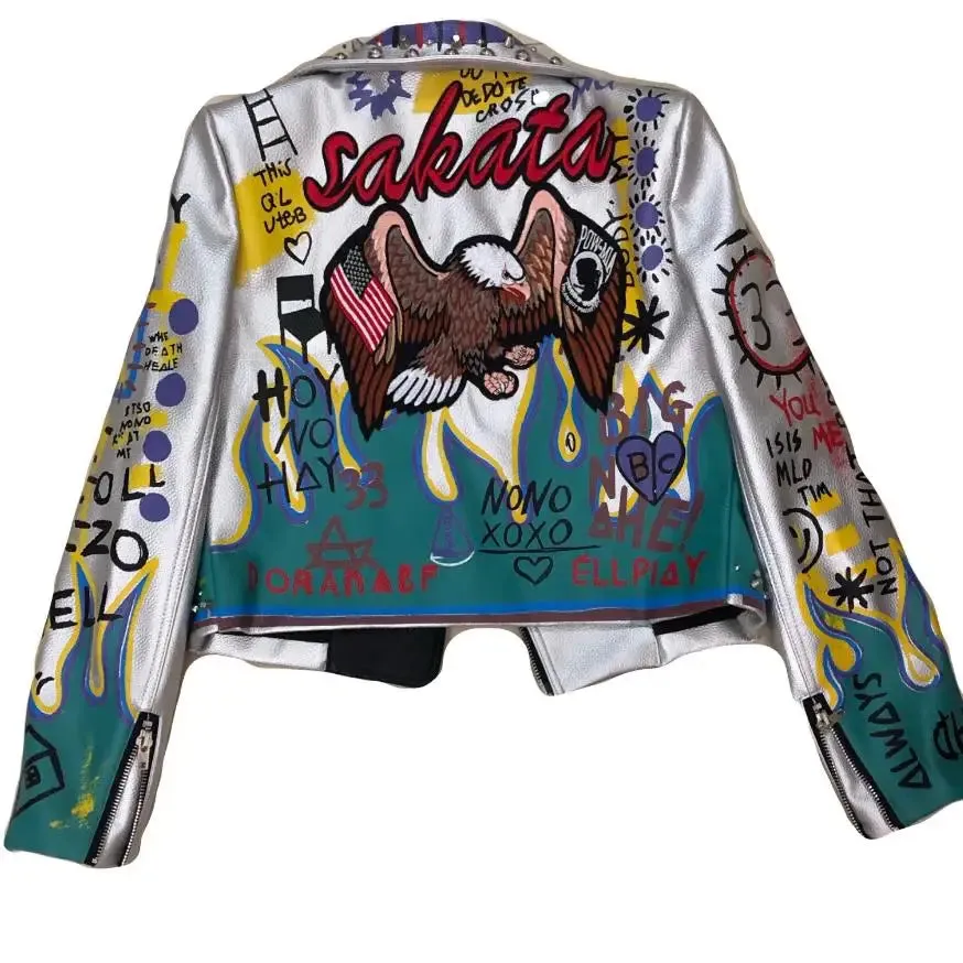 New Fashion Women's Graffiti Rivet beading Pu Leather Coats Women Eagle Embroidery Leather Jacket Punk Rock Cropped Jacket F2497
