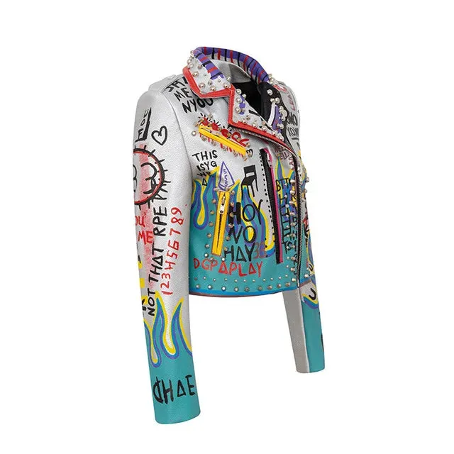 New Fashion Women's Graffiti Rivet beading Pu Leather Coats Women Eagle Embroidery Leather Jacket Punk Rock Cropped Jacket F2497