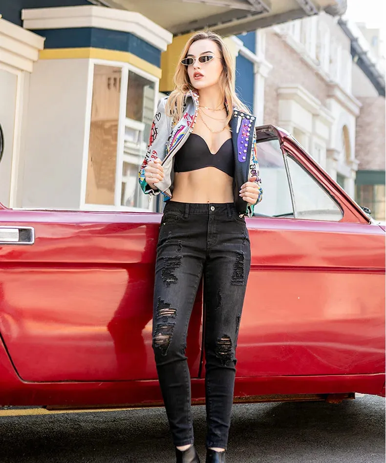 New Fashion Women's Graffiti Rivet beading Pu Leather Coats Women Eagle Embroidery Leather Jacket Punk Rock Cropped Jacket F2497