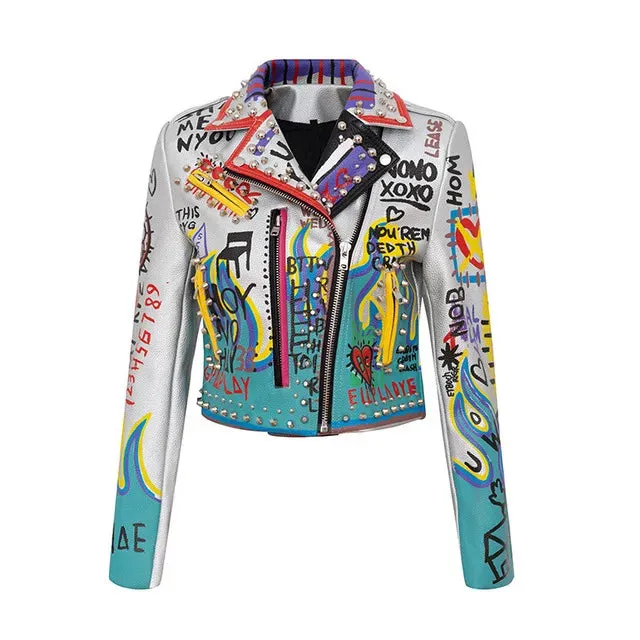 New Fashion Women's Graffiti Rivet beading Pu Leather Coats Women Eagle Embroidery Leather Jacket Punk Rock Cropped Jacket F2497