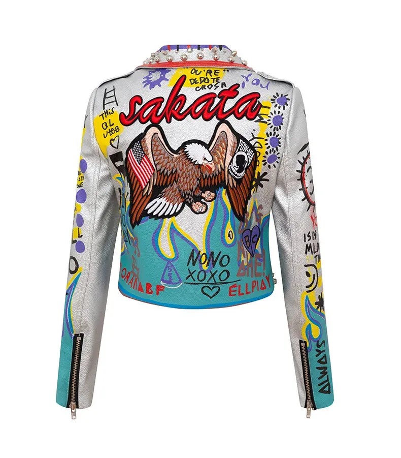 New Fashion Women's Graffiti Rivet beading Pu Leather Coats Women Eagle Embroidery Leather Jacket Punk Rock Cropped Jacket F2497