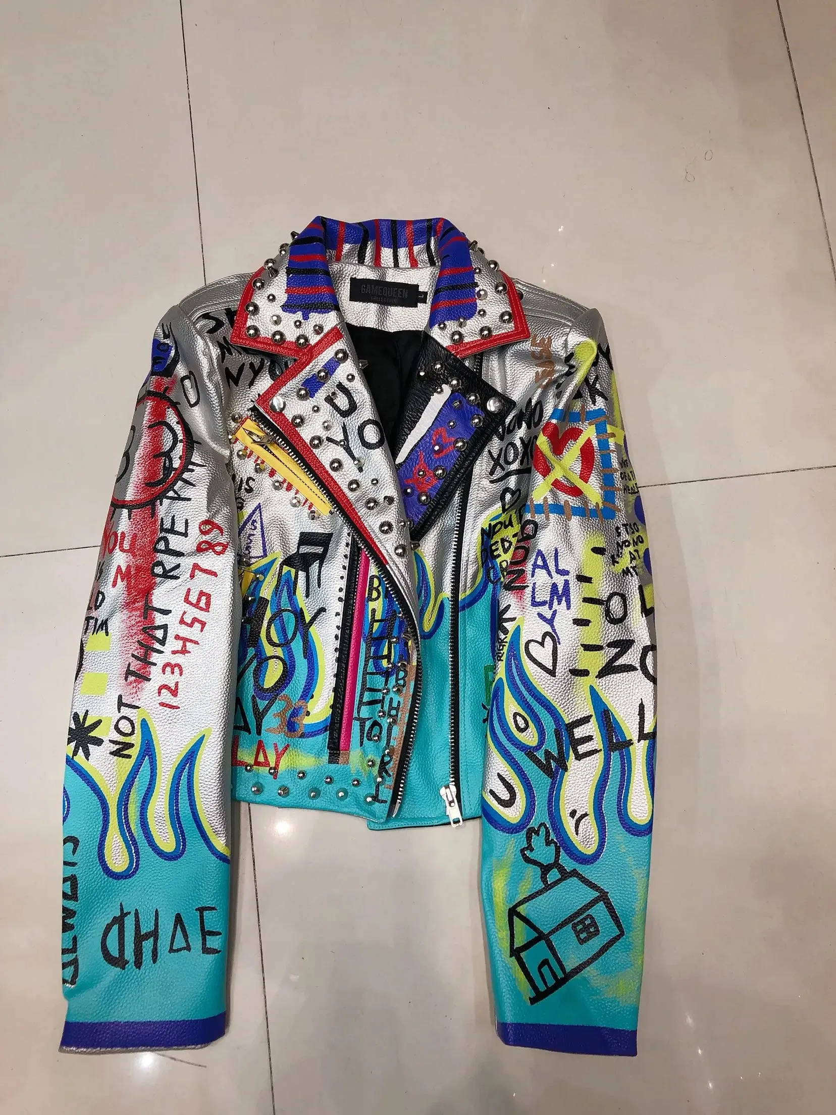 New Fashion Women's Graffiti Rivet beading Pu Leather Coats Women Eagle Embroidery Leather Jacket Punk Rock Cropped Jacket F2497