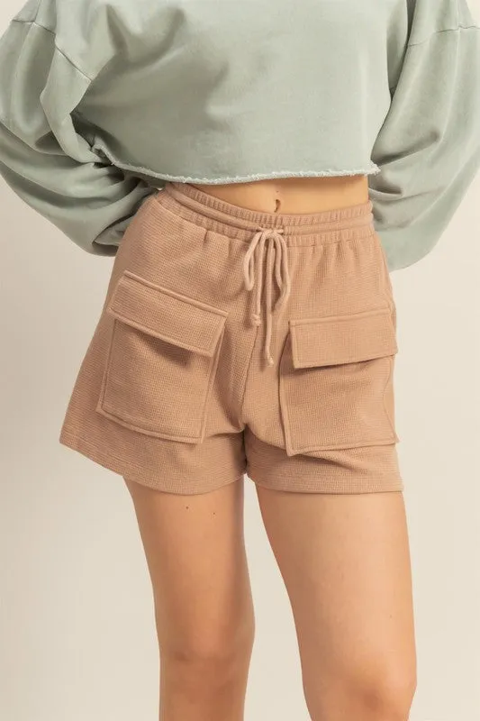 Waffle Knit Cargo Pocket Shorts - Beige