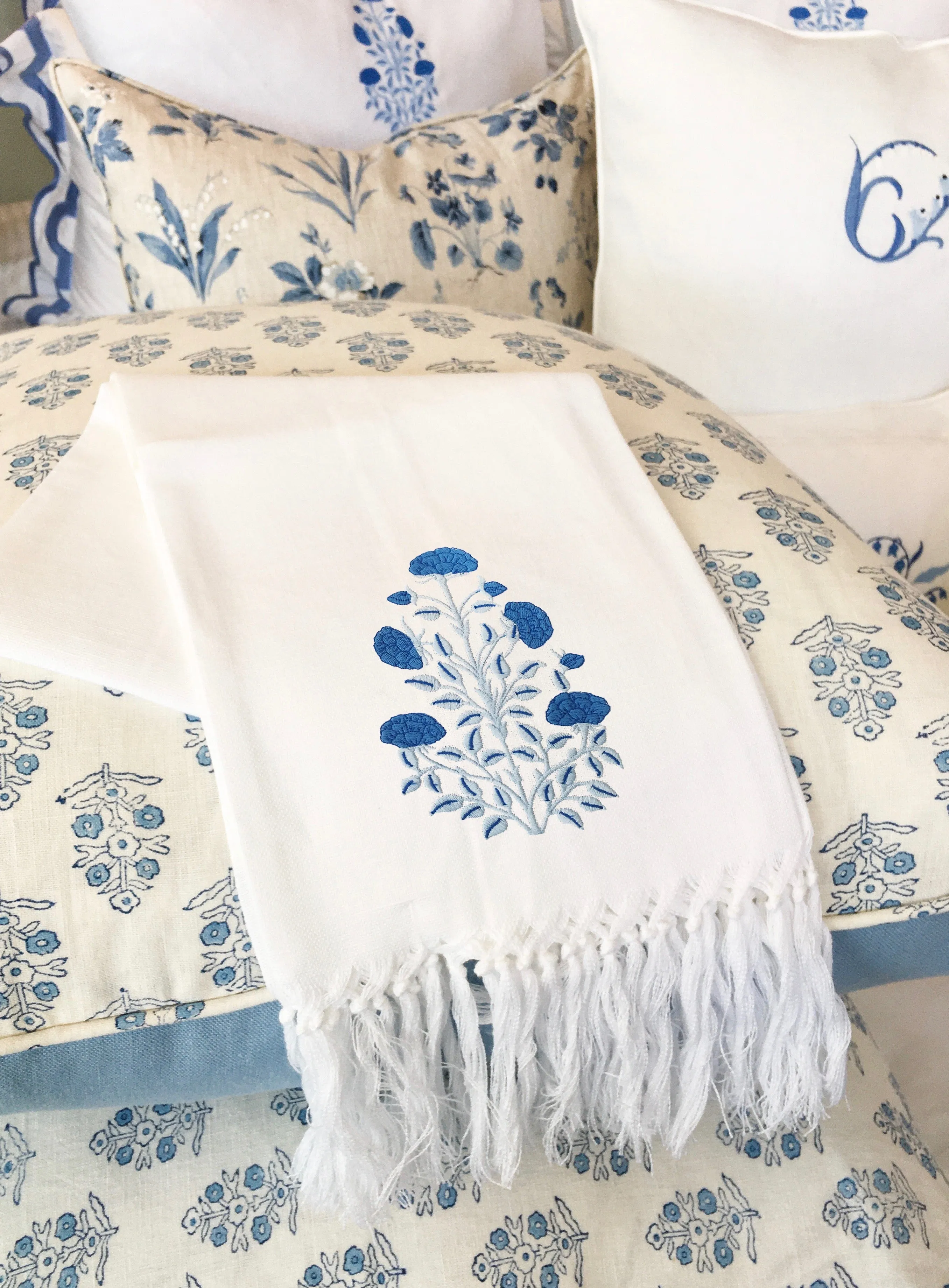Zodiaco Customizable European Hand Towel - Long Fringe with Blue Marigold Embroidery