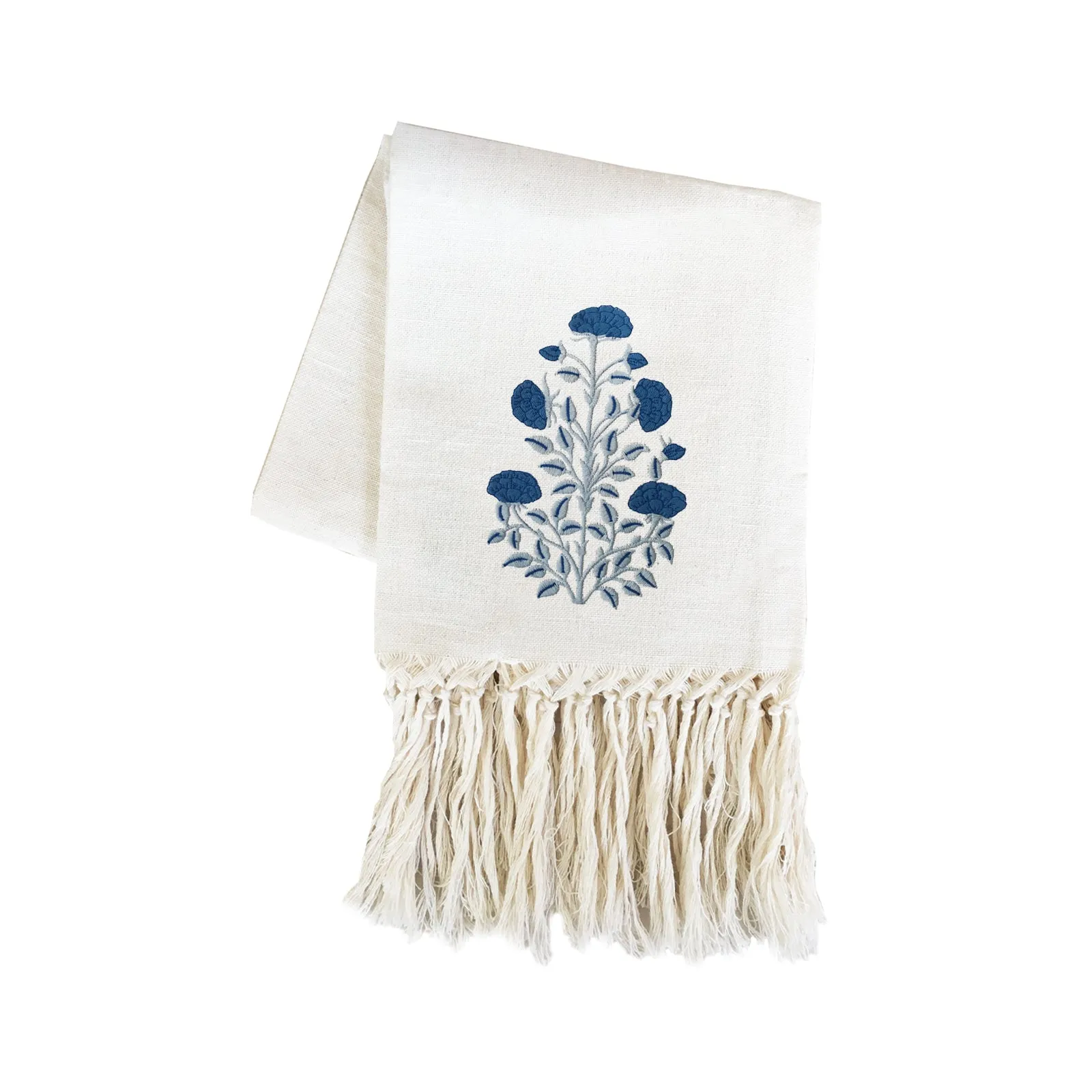 Zodiaco Customizable European Hand Towel - Long Fringe with Blue Marigold Embroidery
